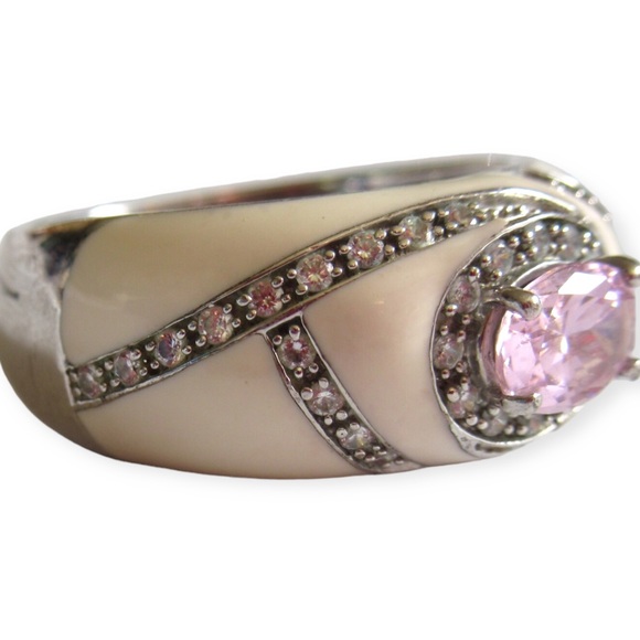 CZ And White Enamel Ring Pink Cubic Zirconia Sterling Silver - Picture 2 of 8